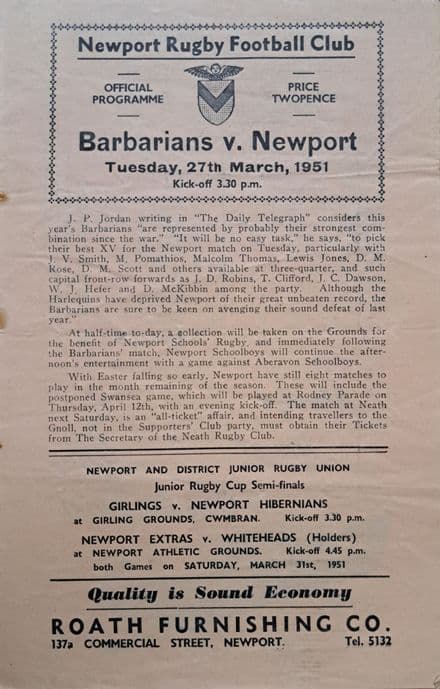 Newport v Barbarians (1951, Mar 27th)