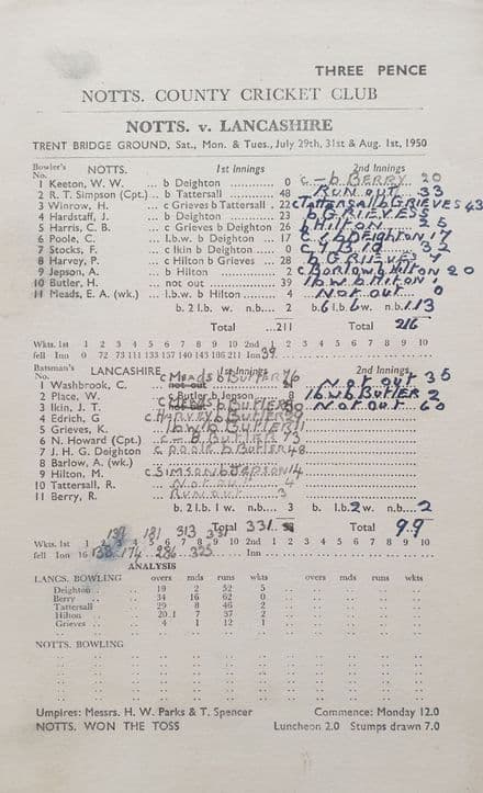 Notts v Lancashire Scorecard (1950, Jul-Aug)