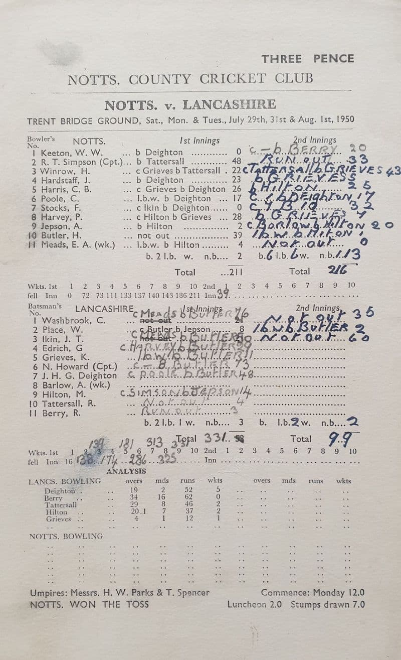 Notts v Lancashire Scorecard (1950, Jul-Aug)