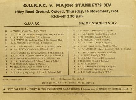 OURFC v Major Stanley's XV (1963, Nov 14th)