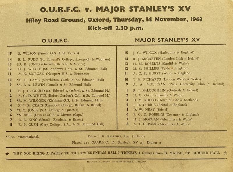OURFC v Major Stanley's XV (1963, Nov 14th)