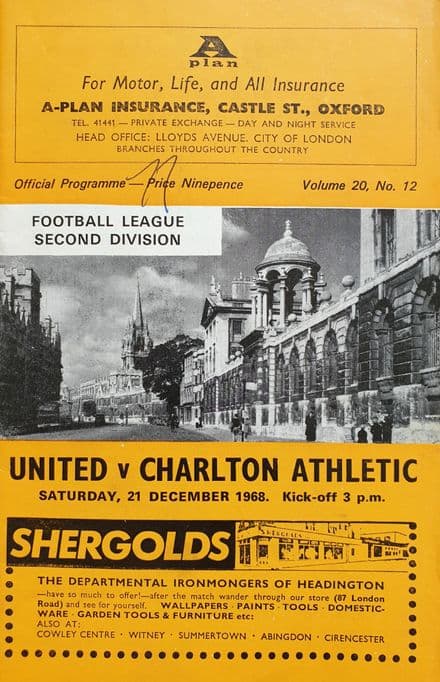 Oxford United v Charlton Athletic, Div 2 (1968, Dec 21st) & FLR
