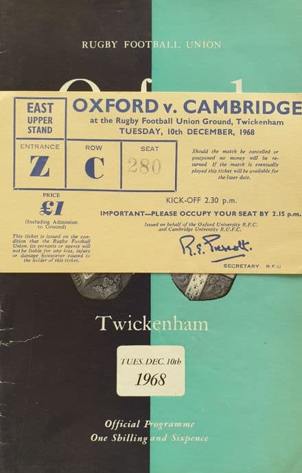 Oxford v Cambridge (1968, Dec 10th) plus Ticket