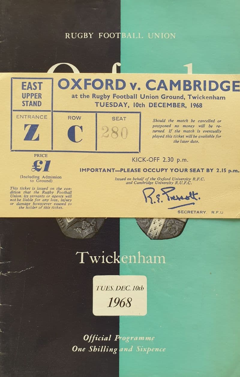 Oxford v Cambridge (1968, Dec 10th) plus Ticket