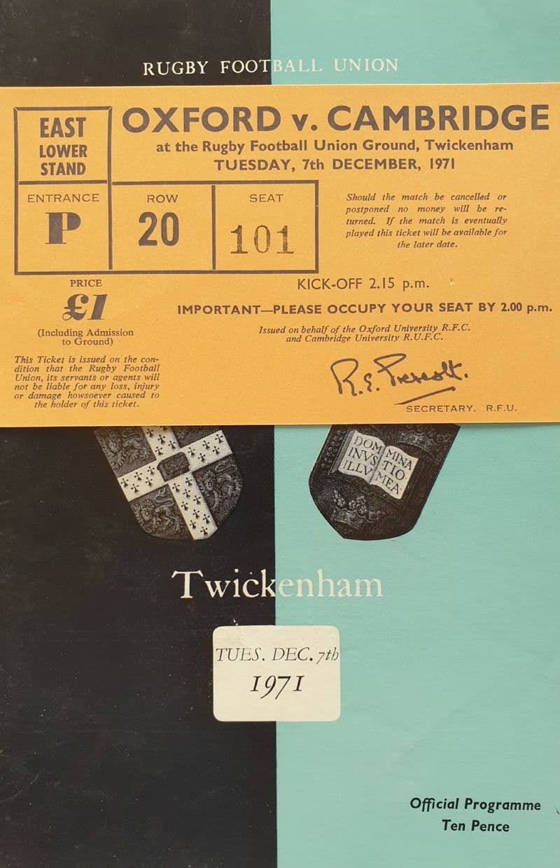 Oxford v Cambridge (1971, Dec 7th) plus Ticket