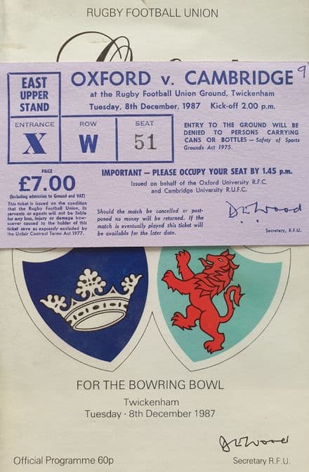 Oxford v Cambridge (1987, Dec 8th) plus Ticket