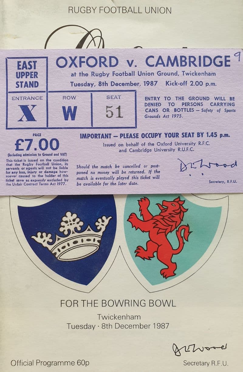 Oxford v Cambridge (1987, Dec 8th) plus Ticket