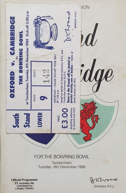 Oxford v Cambridge (1988, Dec 6th) plus Ticket
