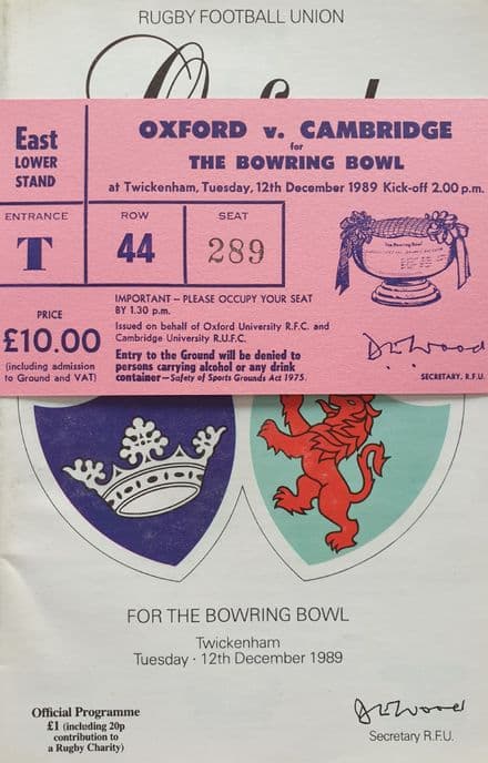 Oxford v Cambridge (1989, Dec 12th) plus Ticket