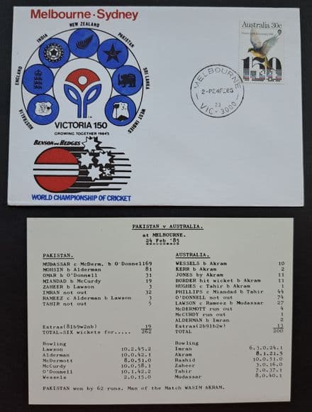 Pakistan v Australia - WCC (1985, Feb 24th) FDC and Scorecard