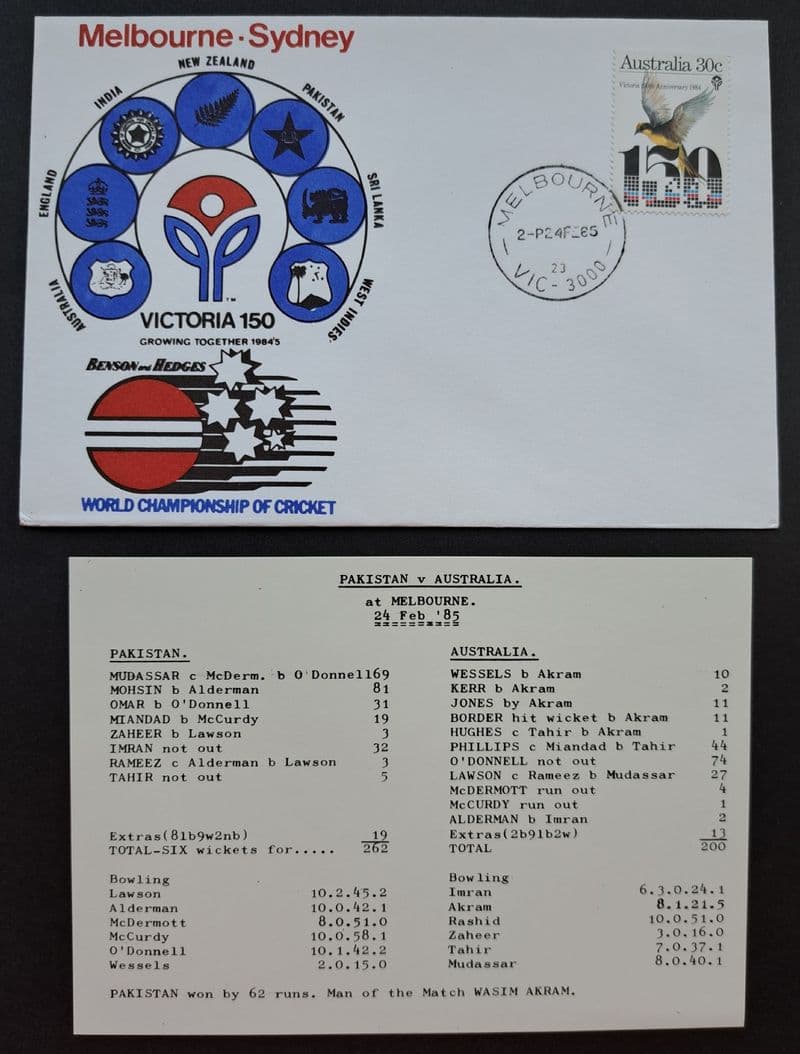 Pakistan v Australia - WCC (1985, Feb 24th) FDC and Scorecard
