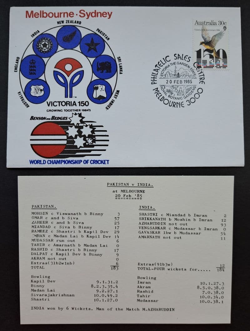 Pakistan v India - WCC (1985, Feb 20th) FDC and Scorecard