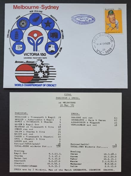 Pakistan v India - WCC Final (1985, Mar 10th) FDC and Scorecard