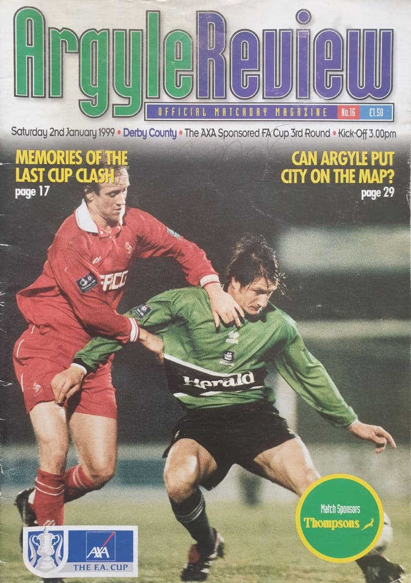 Plymouth Argyle v Derby, FA Cup (1999, Jan 2nd) SIGNED