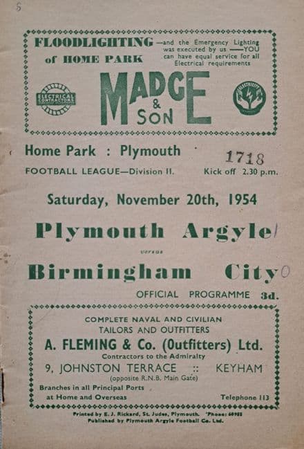 Plymouth v Birmingham City, Div 2 (1954, Nov 20th)