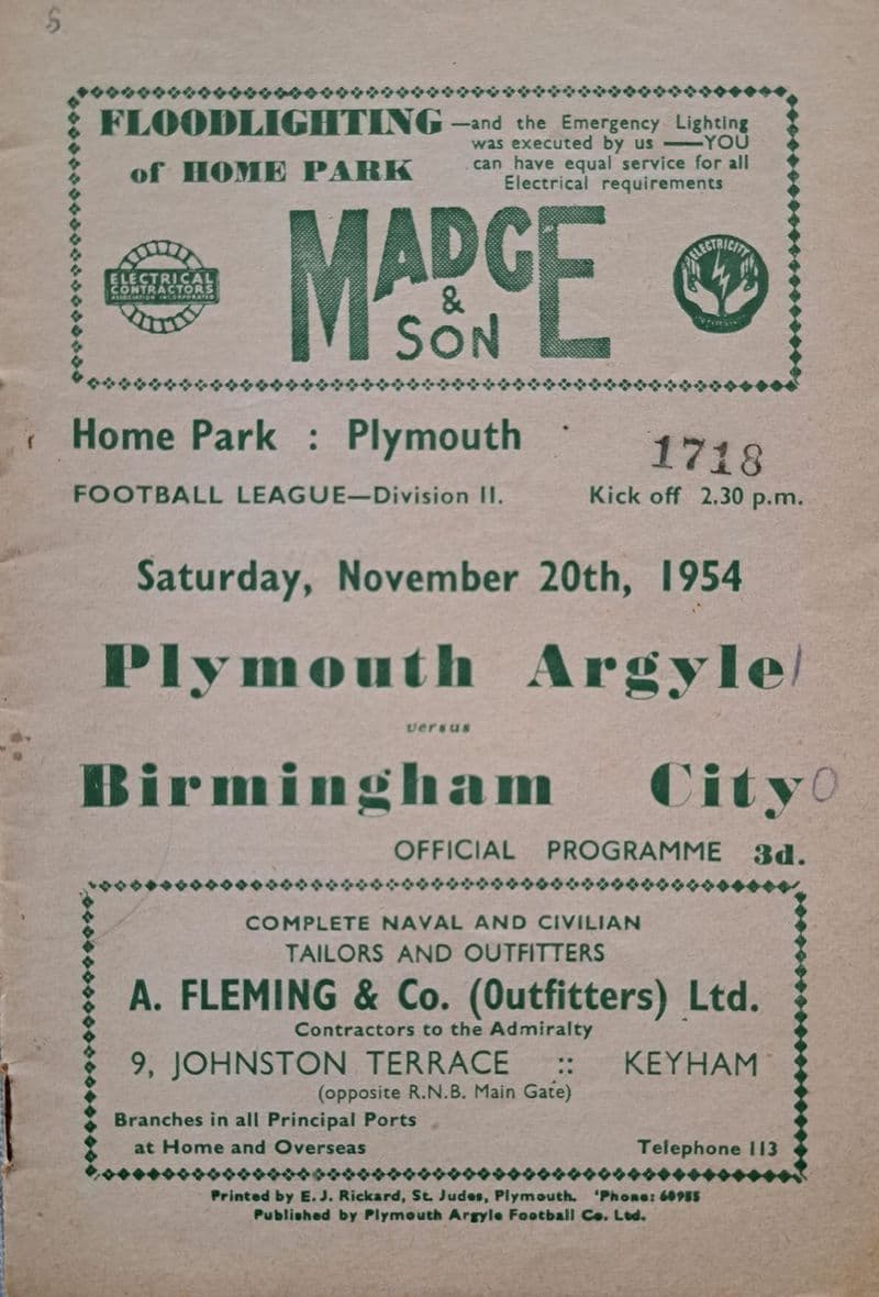 Plymouth v Birmingham City, Div 2 (1954, Nov 20th)