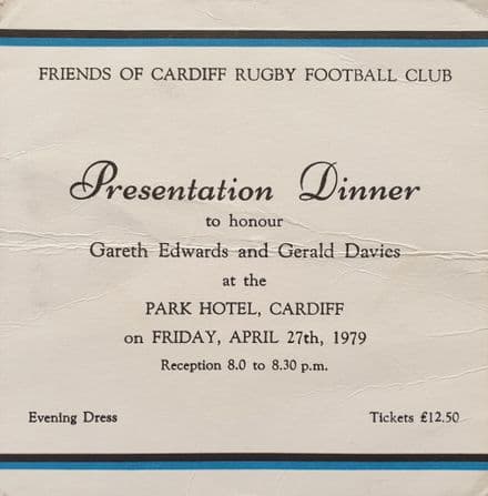 Presentation Dinner for Gareth Edwards & Gerald Davies (1979, Apr 27) Ticket