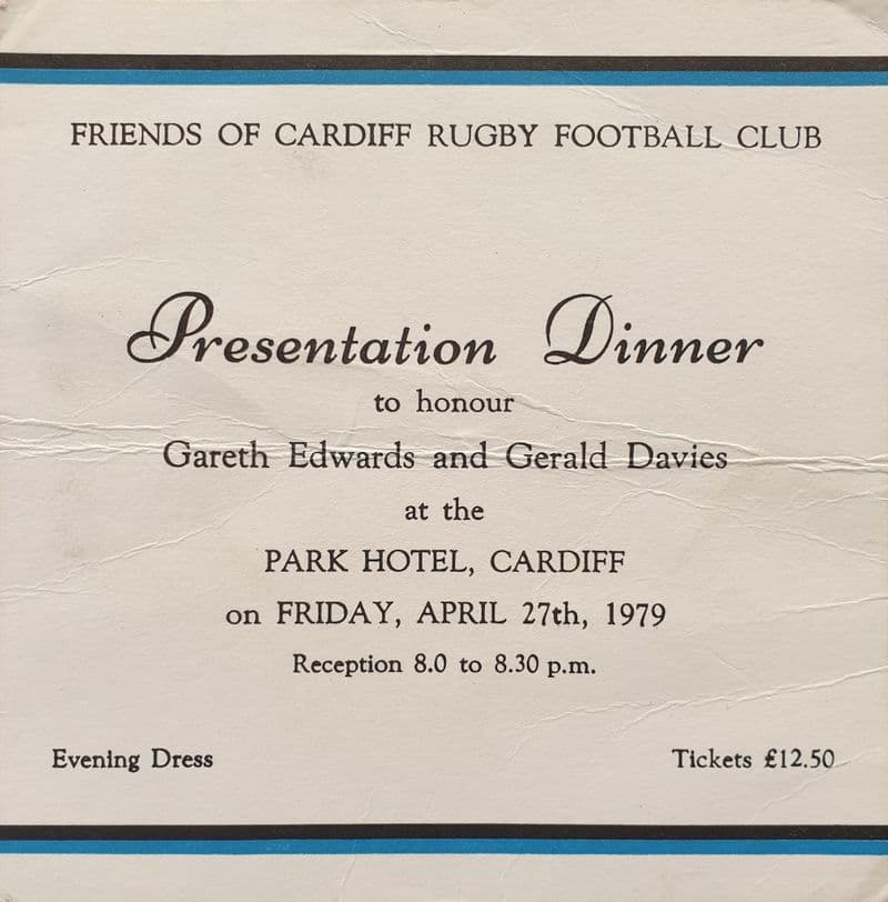 Presentation Dinner for Gareth Edwards & Gerald Davies (1979, Apr 27) Ticket