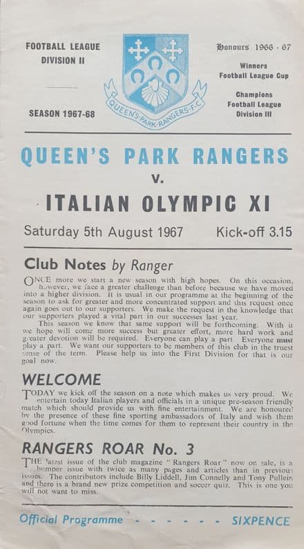 QPR v Italian Olympic XI (1967, Aug 5th)
