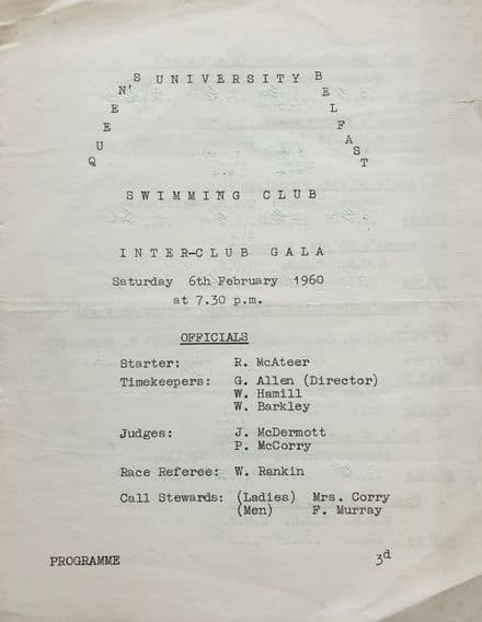Queen's University Belfast Inter-club Gala (1960, Feb 6th)
