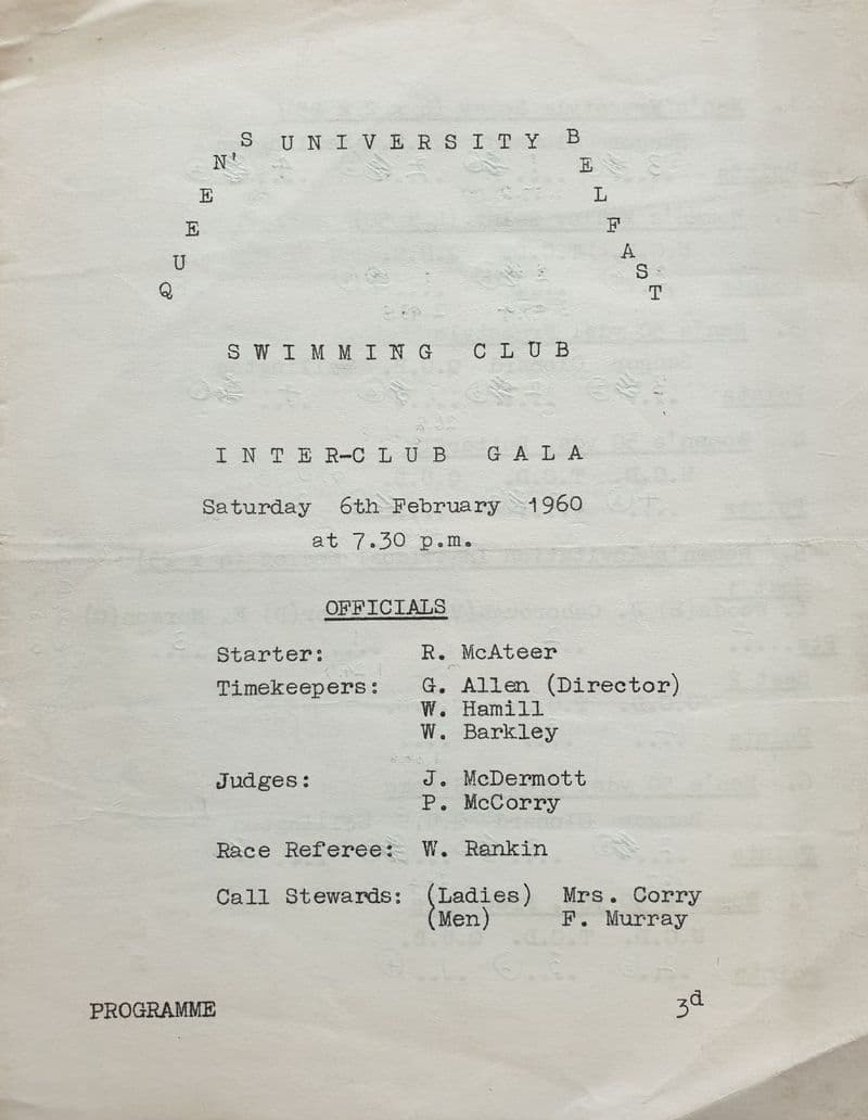 Queen's University Belfast Inter-club Gala (1960, Feb 6th)
