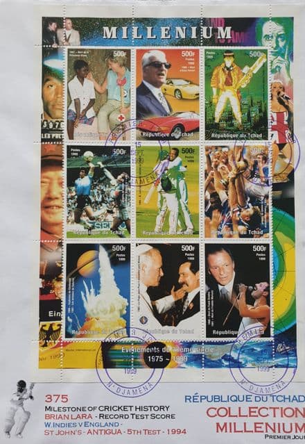 Republique de Chad Brian Lara 375 Innings 9 Stamp Sheet FDC (1999, Sep 15)
