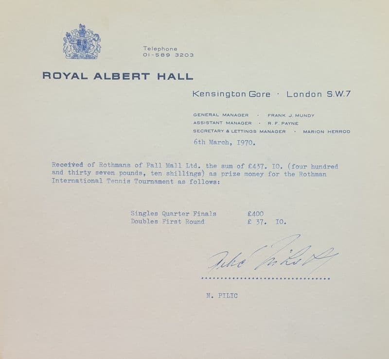 Rothmans International Niki Pilic Signature (1970, Mar)