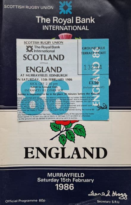 Scotland v England (1986, Feb 15th) plus Ticket