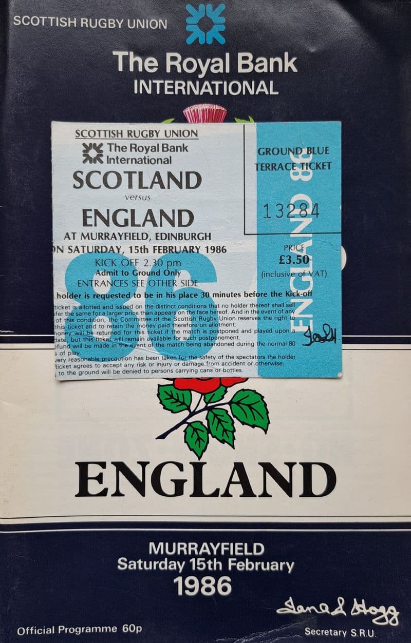 Scotland v England (1986, Feb 15th) plus Ticket