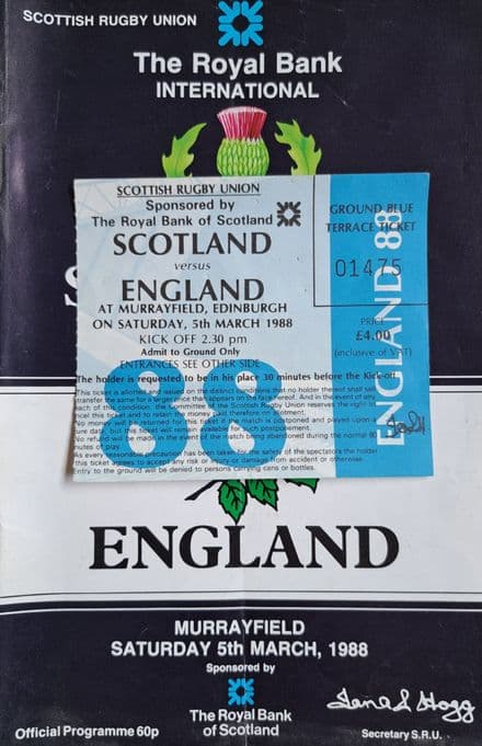 Scotland v England (1988, Mar 5th) plus Ticket