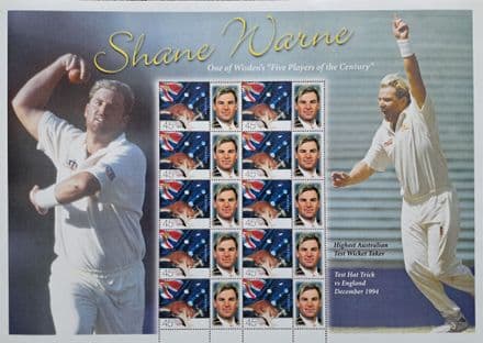 Shane Warne Wisden Players of the Century (2001) Australia Commemorative Stamp Sheet