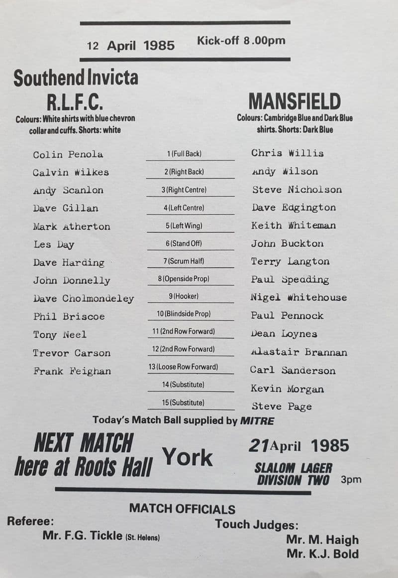 Southend Invicta v Mansfield (1985, Apr 12th)