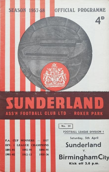 Sunderland v Birmingham City, Div 1 (1958, Apr 5th)