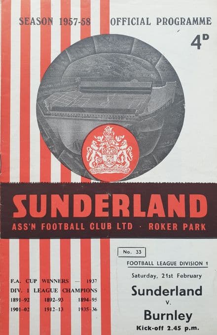 Sunderland v Burnley, Div 1 (1958, Feb 21st)