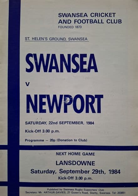 Swansea v Llanelli (1984, Sep 29th)