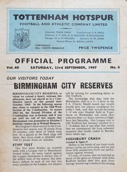 Tottenham Hotspur v Birmingham, Res (1967, Sep 23rd)