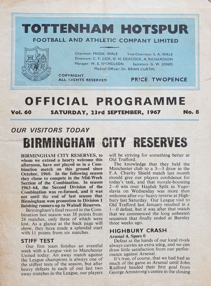 Tottenham Hotspur v Birmingham, Res (1967, Sep 23rd)