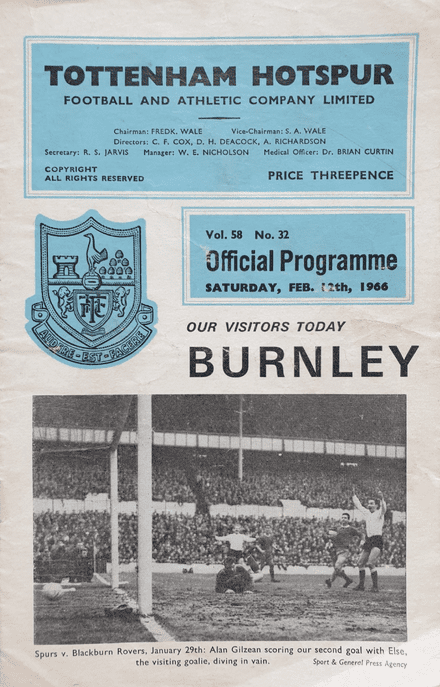 Tottenham Hotspur v Burnley, Div 1 (1966, Feb 12th)