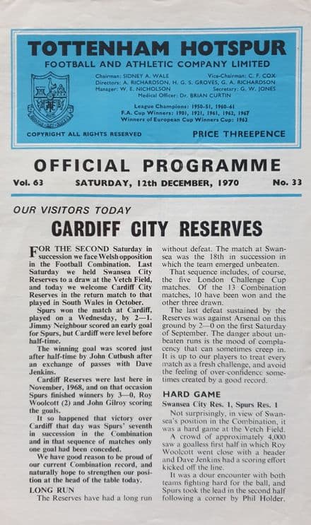 Tottenham v Cardiff, Combination (1970, Dec 12th)
