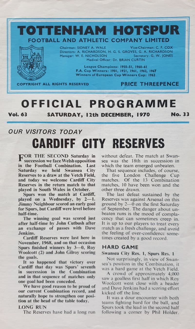 Tottenham v Cardiff, Combination (1970, Dec 12th)