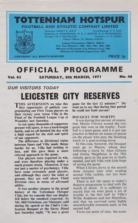 Tottenham v Leicester, Combination (1971, Mar 6th)