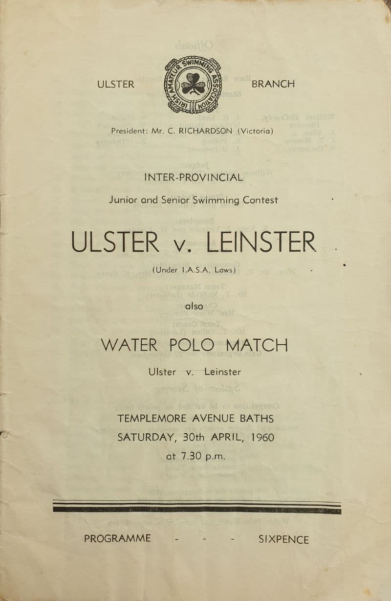 Ulster v Leinster Swimming & Water Polo (1960, Apr 30th)