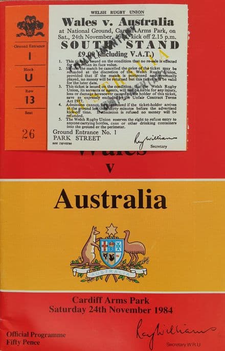 Wales v Australia (1984, 24th Nov) & Ticket