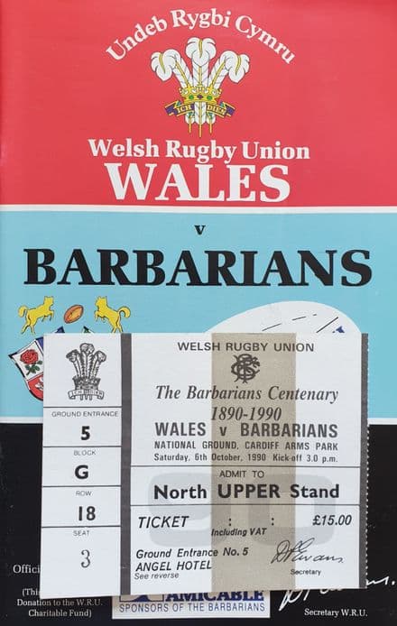 Wales v Barbarians (1990, 6th Oct) plus Ticket