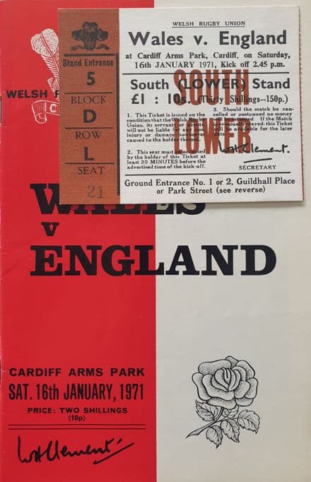 Wales v England (1971, 16th Jan) plus Ticket