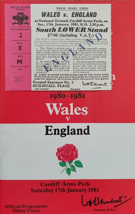 Wales v England (1981, 17th Jan) plus Ticket