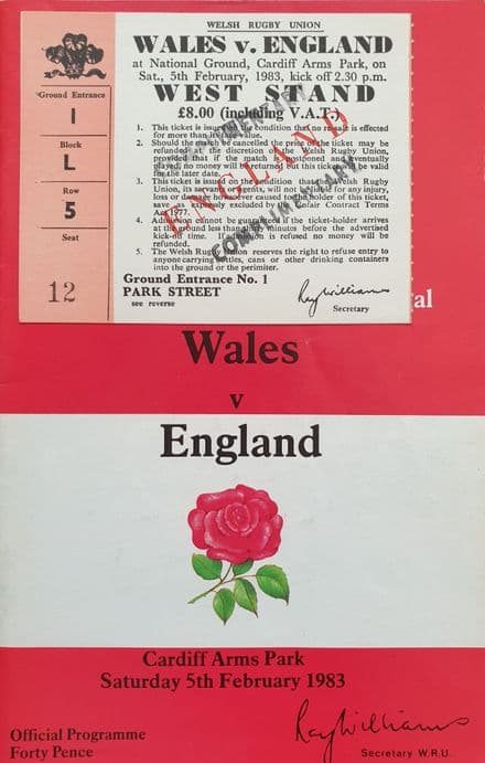 Wales v England (1983, 5th Feb) plus Ticket