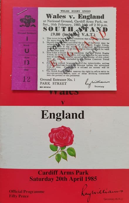 Wales v England (1985, Apr 20th) plus Ticket