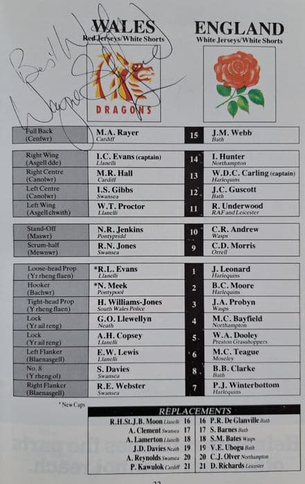 Wales v England (1993, 6th Feb) SIGNED plus Menu