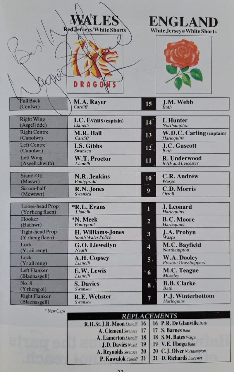 Wales v England (1993, 6th Feb) SIGNED plus Menu